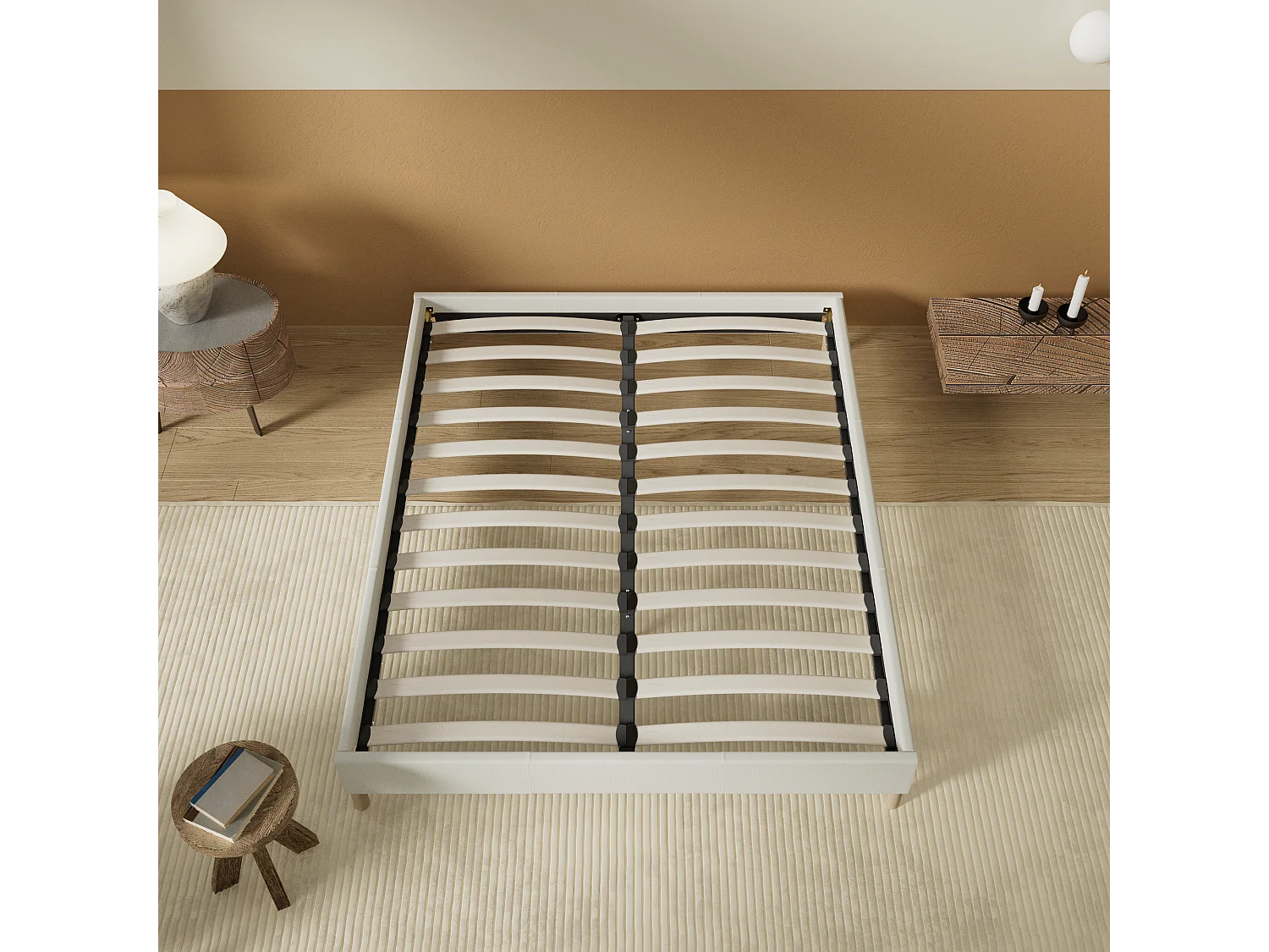 Sommier 90x200 cm, Revêtement en tissu Blanc Crème, Pieds en bois