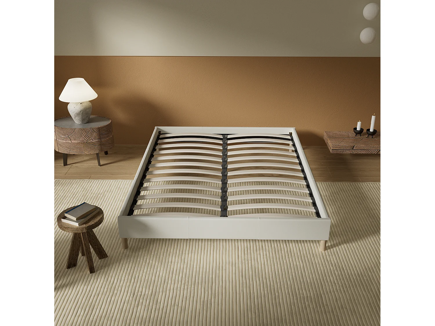 Sommier 90x200 cm, Revêtement en tissu Blanc Crème, Pieds en bois