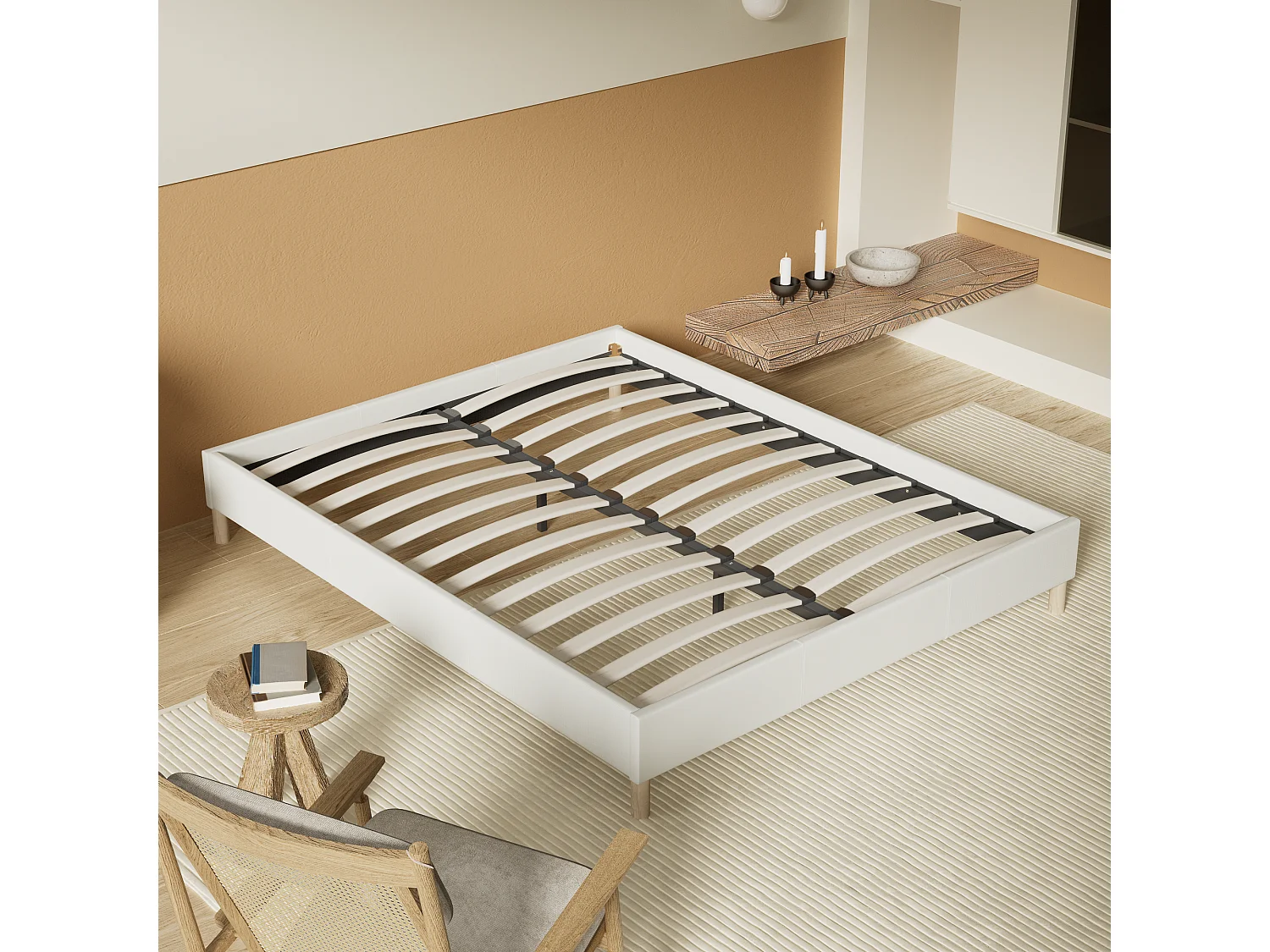 Sommier 90x200 cm, Revêtement en tissu Blanc Crème, Pieds en bois