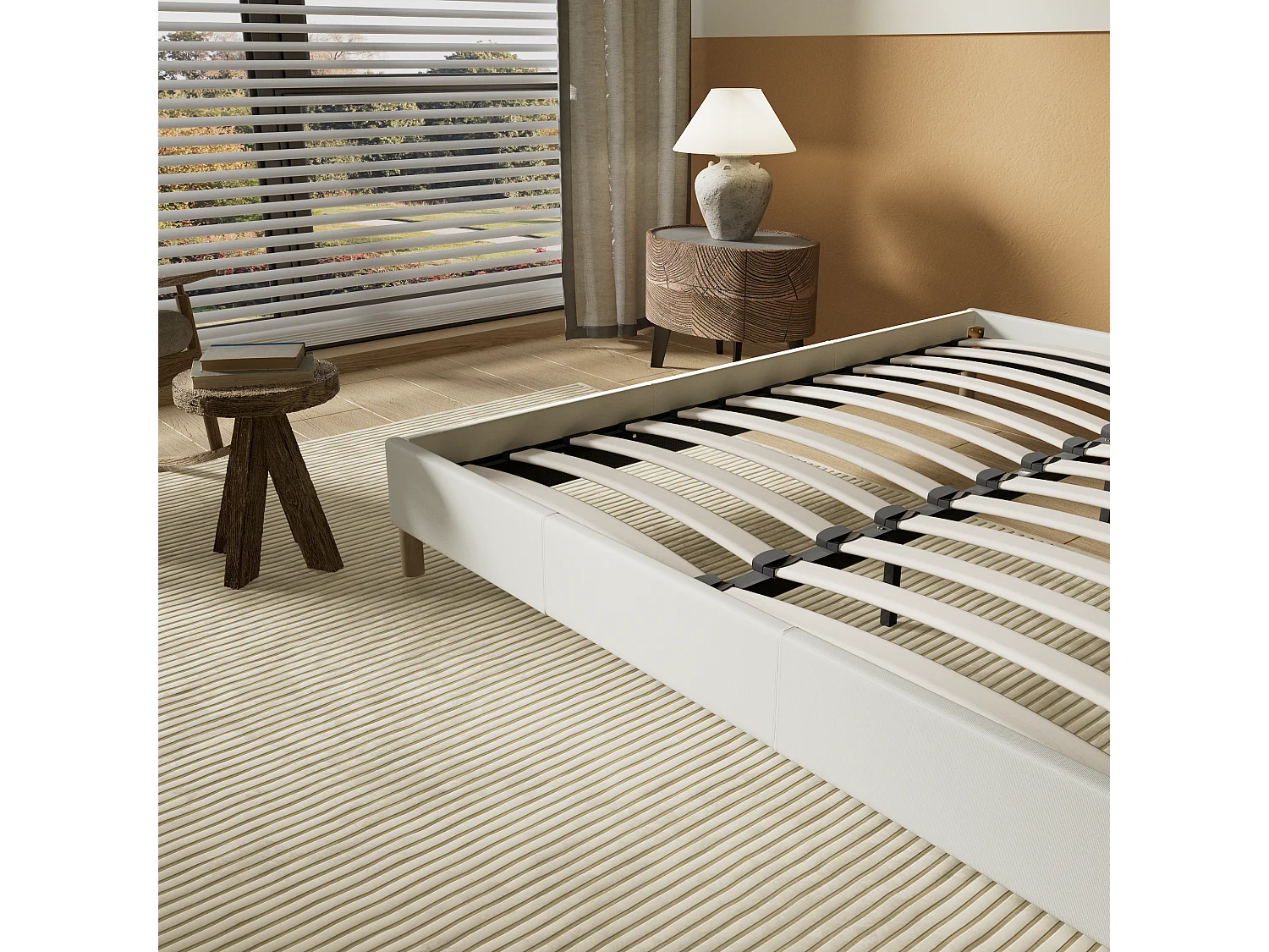 Sommier 90x200 cm, Revêtement en tissu Blanc Crème, Pieds en bois
