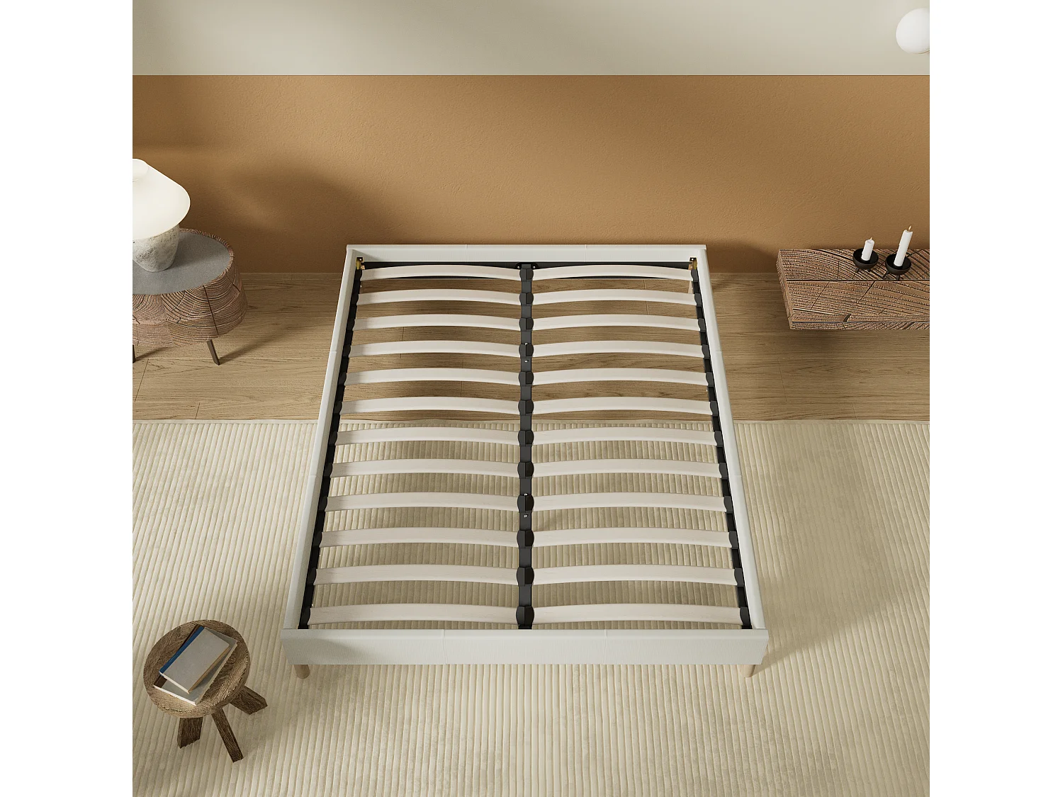 Sommier 90x200 cm, Revêtement en tissu Blanc Crème, Pieds en bois