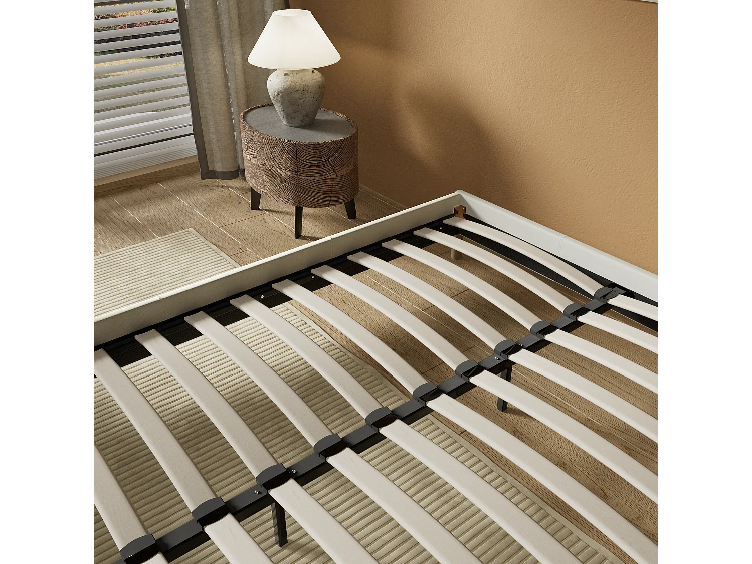 Sommier 90x200 cm, Revêtement en tissu Blanc Crème, Pieds en bois