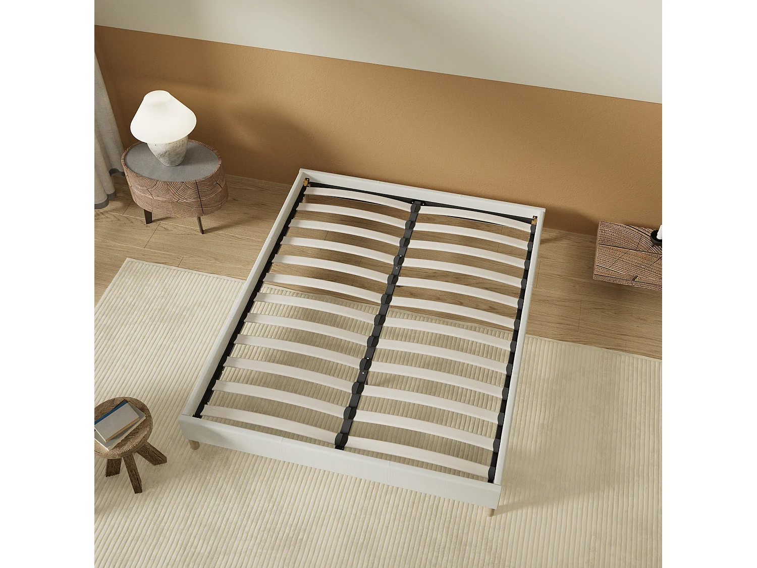 Sommier 90x200 cm, Revêtement en tissu Blanc Crème, Pieds en bois