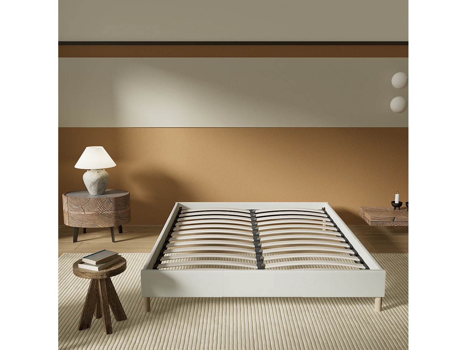 Sommier 90x200 cm, Revêtement en tissu Blanc Crème, Pieds en bois
