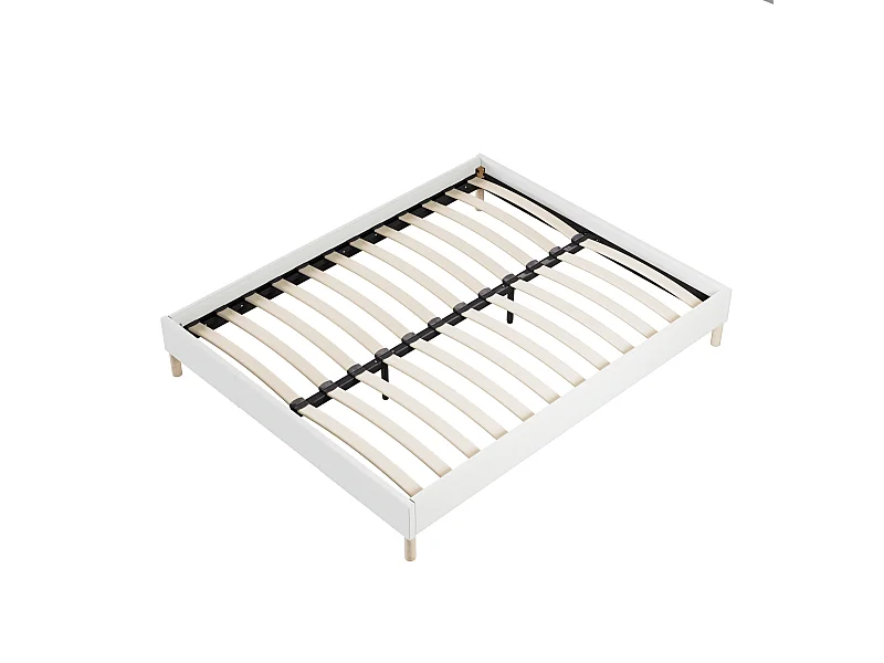 Sommier 90x200 cm, Revêtement en tissu Blanc Crème, Pieds en bois