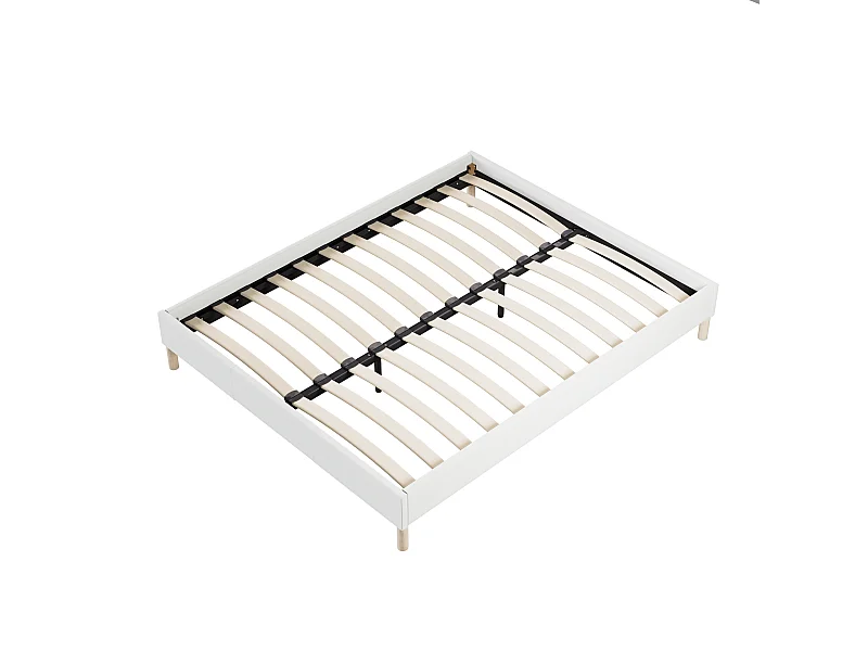 Sommier 90x200 cm, Revêtement en tissu Blanc Crème, Pieds en bois