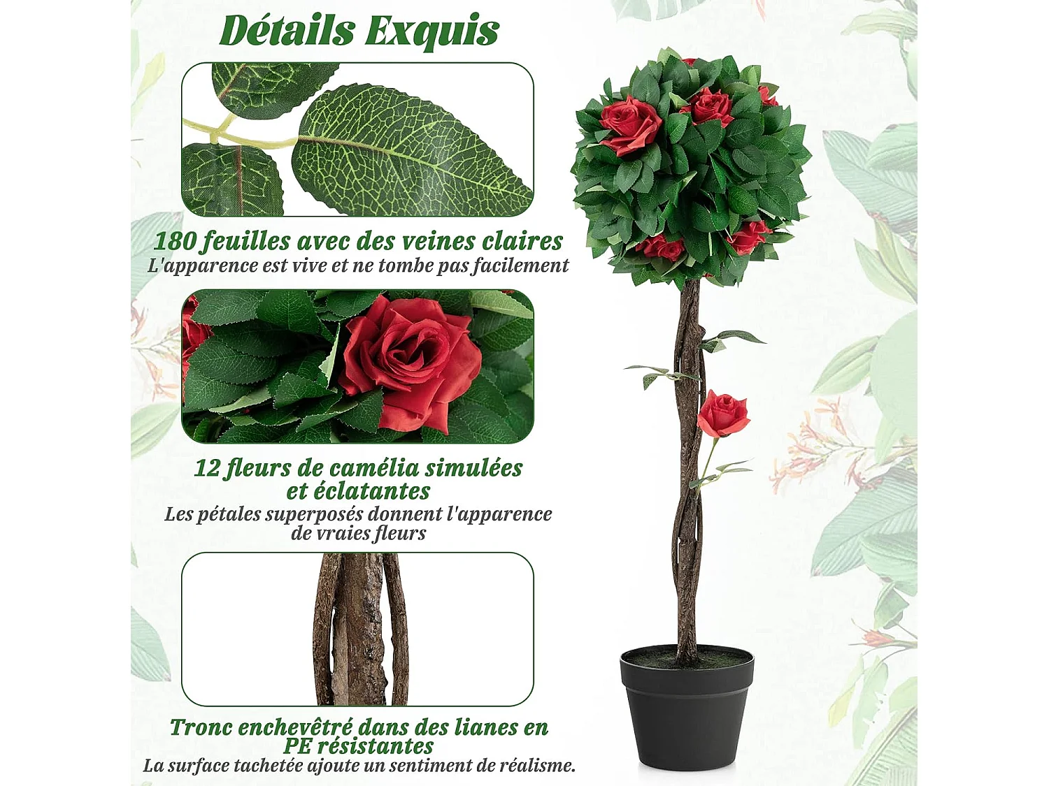 Plante Artificielle 94CM en Pot Rempli de Ciment Stable/Fausse Camélia 12 Têtes Rouges Glorieuses 180 Feuilles pour Décoration de Salon Balcon Chambre Bureau