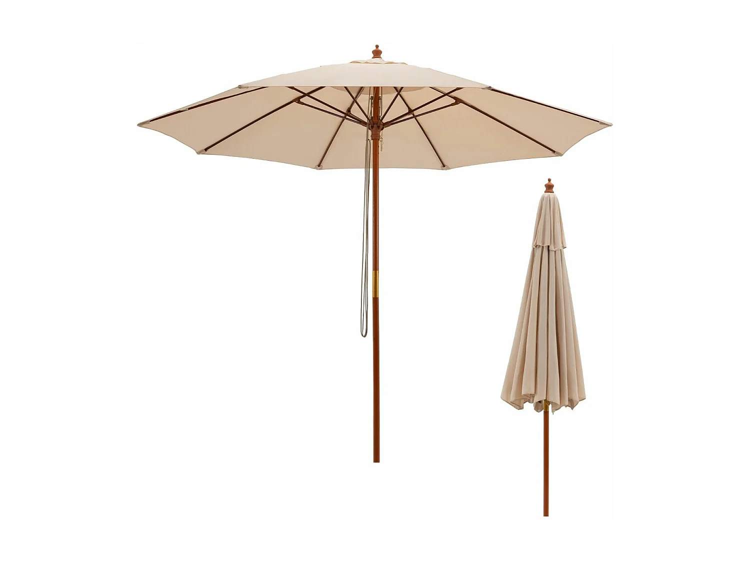 2,9M opvouwbare tuinparasol met touwkatrolmechanisme houten paal 8 glasvezelribben voor binnenplaats, beige