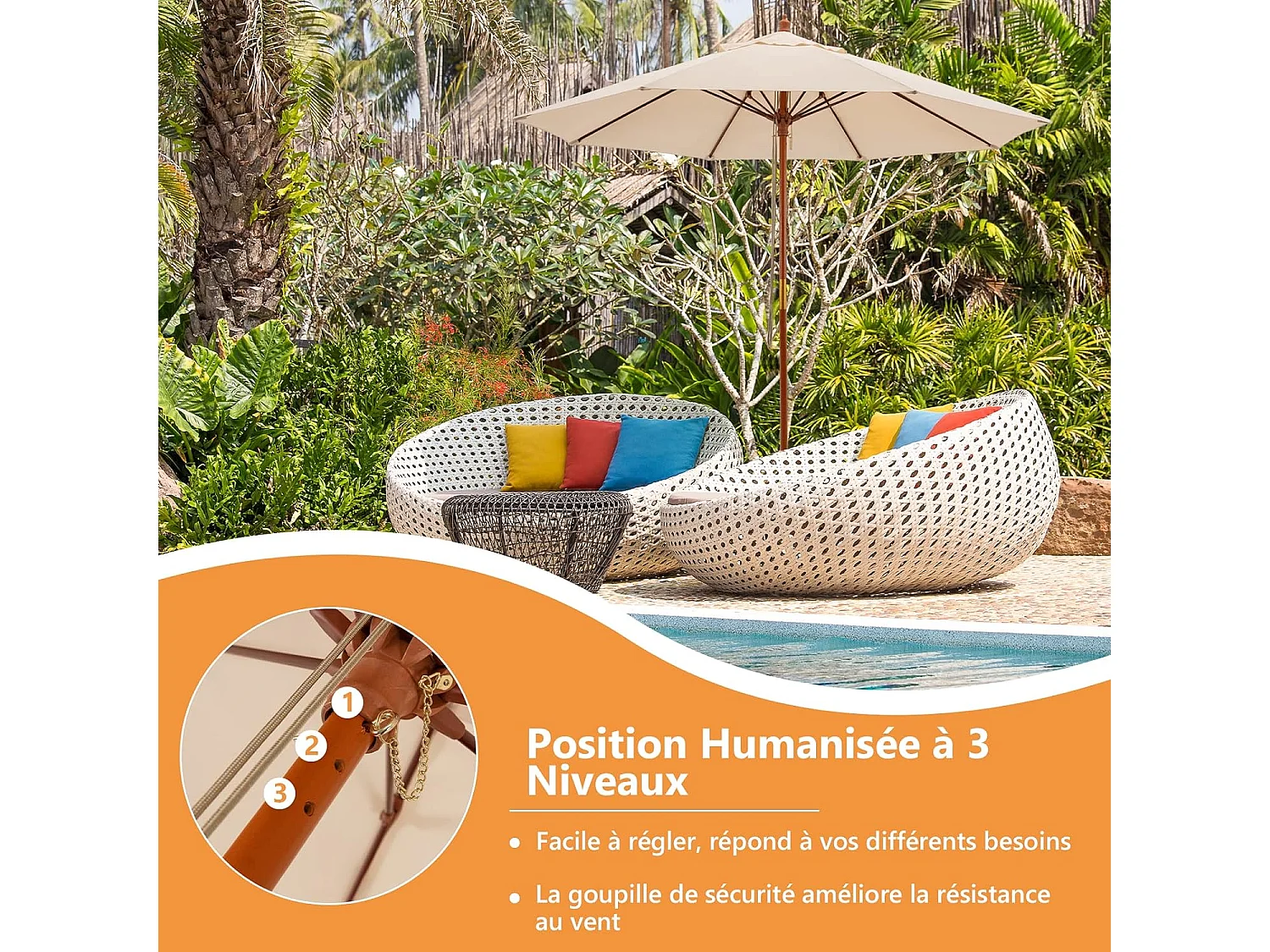 2,9M opvouwbare tuinparasol met touwkatrolmechanisme houten paal 8 glasvezelribben voor binnenplaats, beige