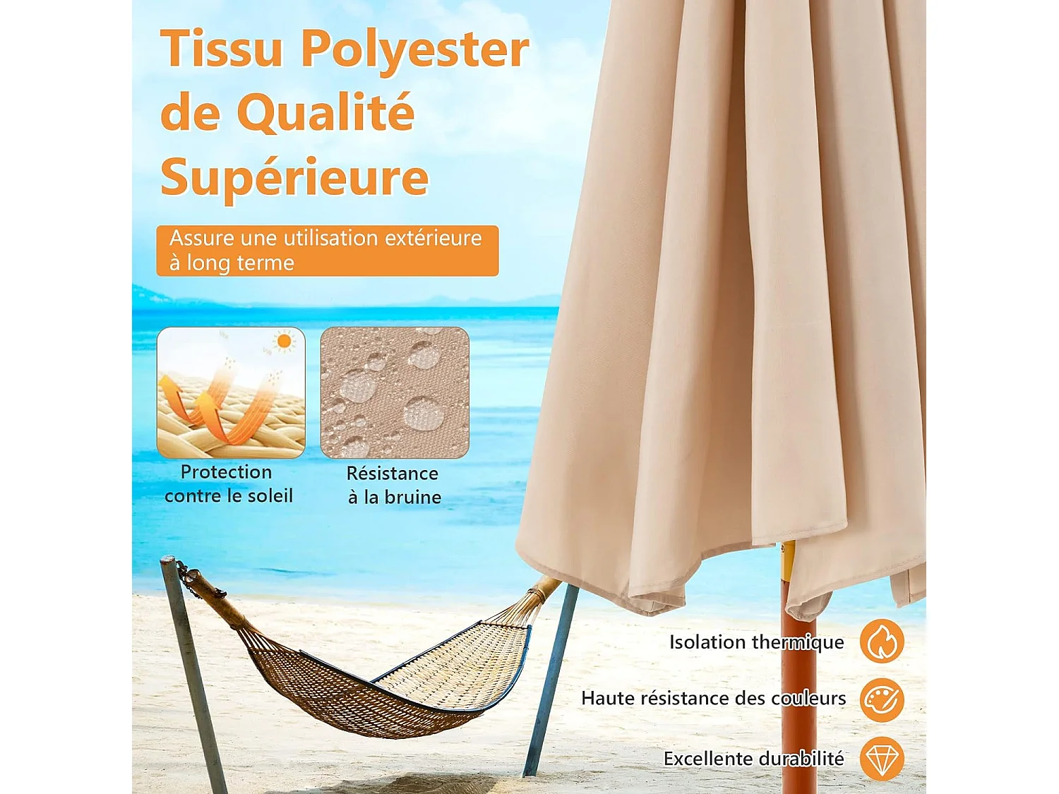 2,9M opvouwbare tuinparasol met touwkatrolmechanisme houten paal 8 glasvezelribben voor binnenplaats, beige