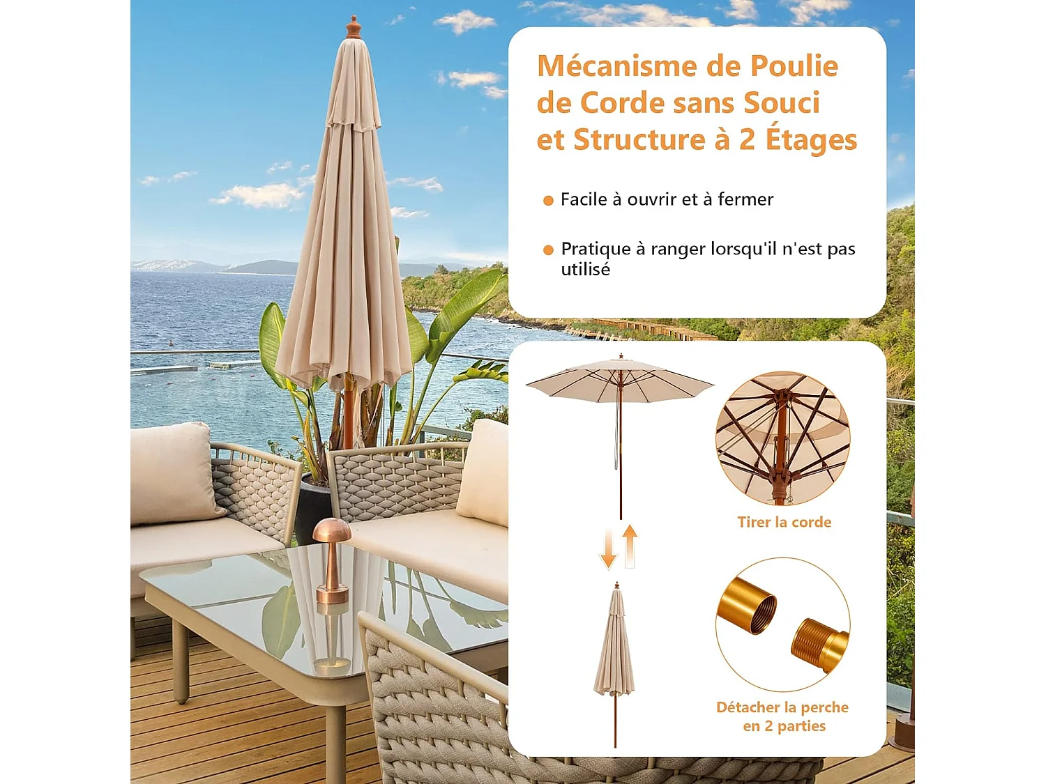 2,9M opvouwbare tuinparasol met touwkatrolmechanisme houten paal 8 glasvezelribben voor binnenplaats, beige