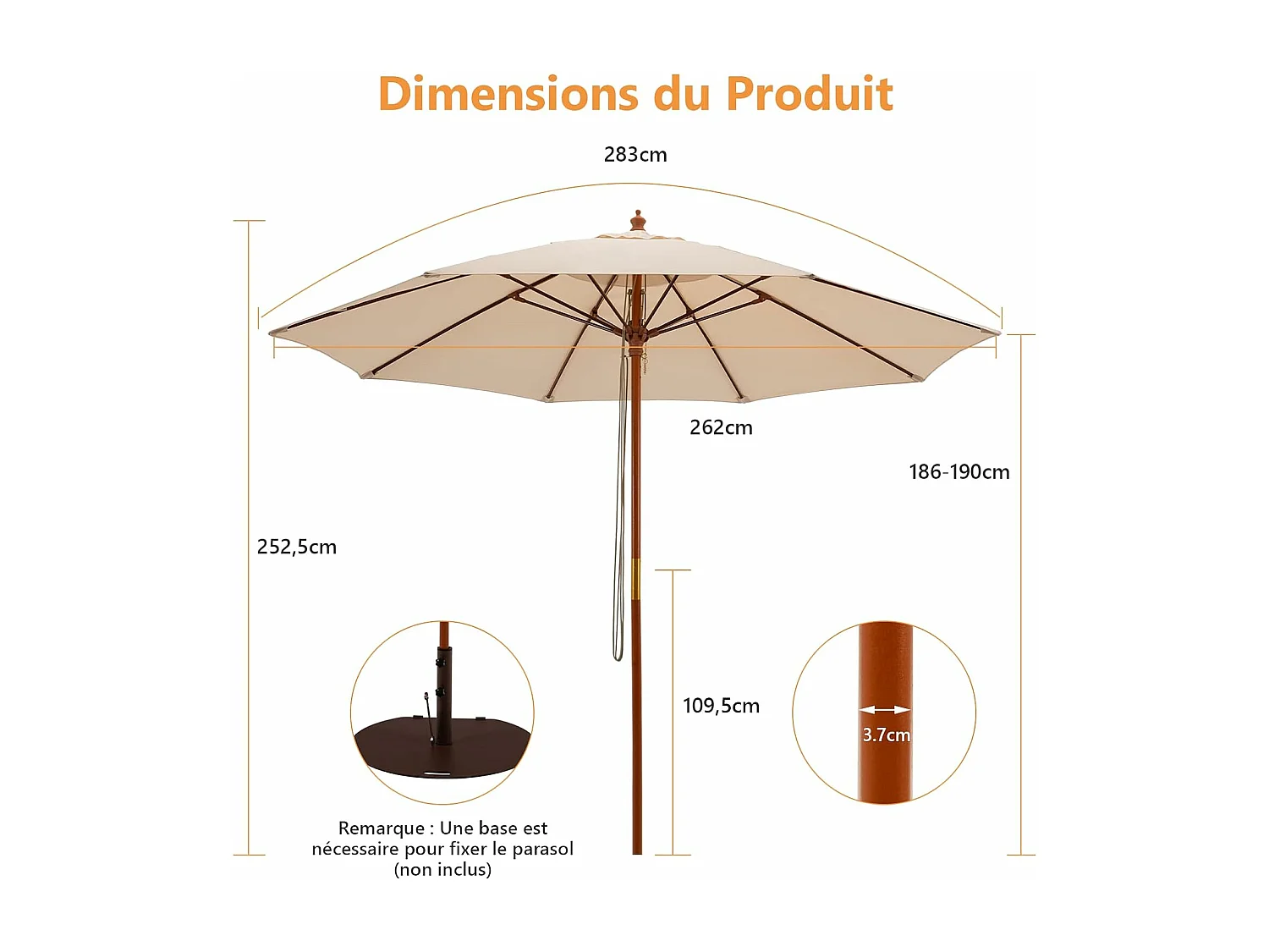 2,9M opvouwbare tuinparasol met touwkatrolmechanisme houten paal 8 glasvezelribben voor binnenplaats, beige