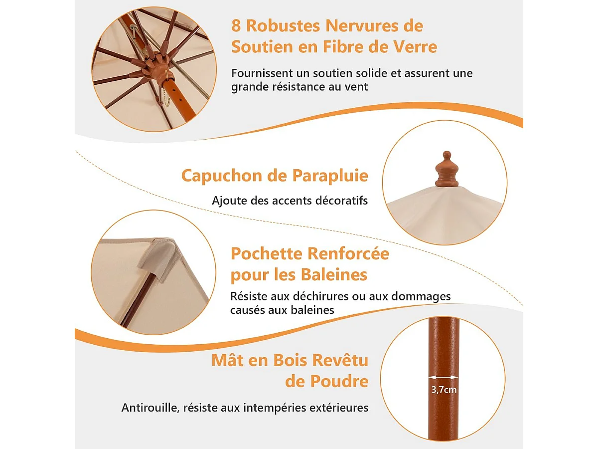 2,9M opvouwbare tuinparasol met touwkatrolmechanisme houten paal 8 glasvezelribben voor binnenplaats, beige