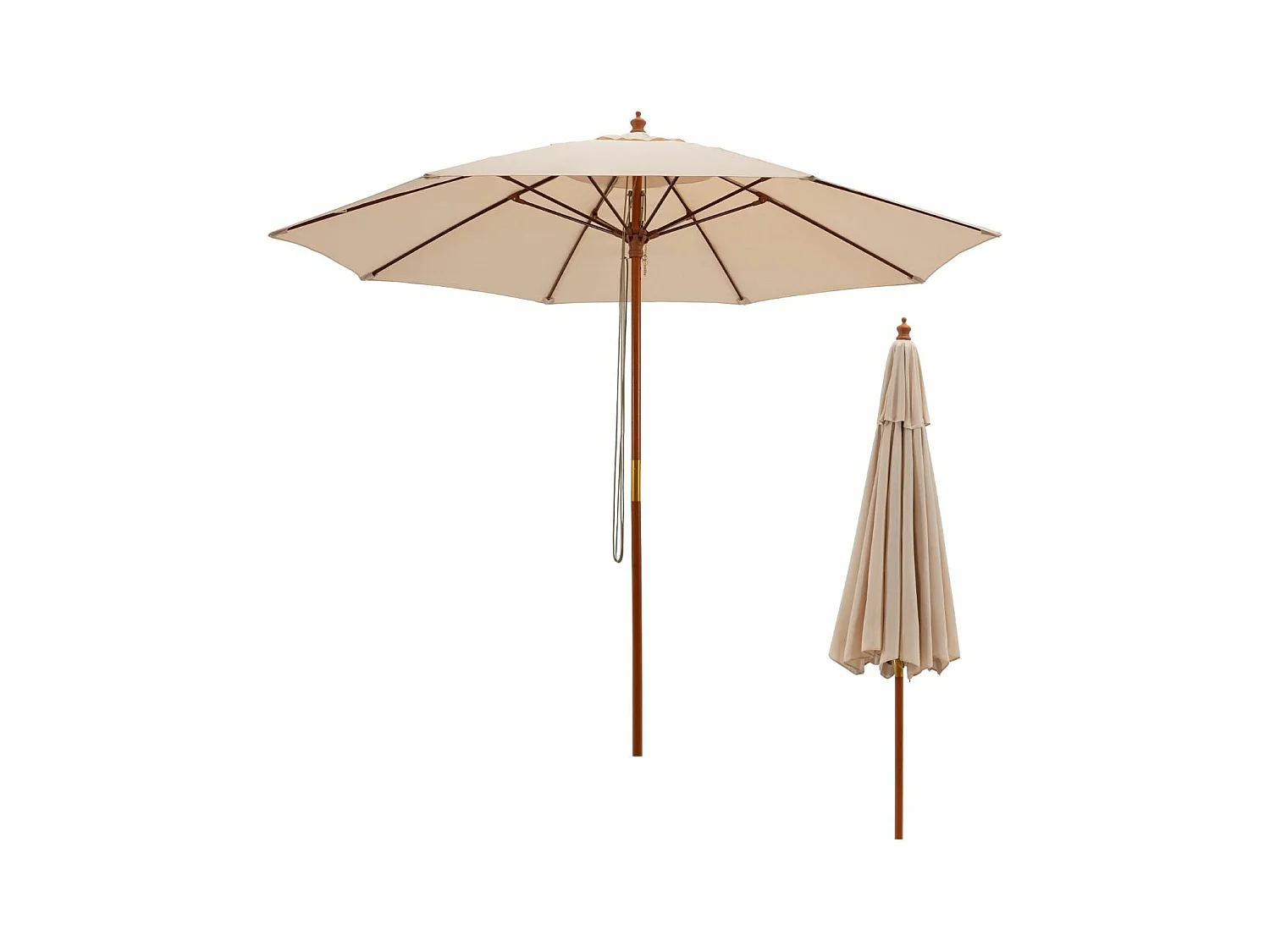 Parasol de Jardin Pliable 2,9M avec Mécanisme de Poulie à Corde Poteau en Bois 8 Baleines en Fibre de Verre pour Cour, Beige