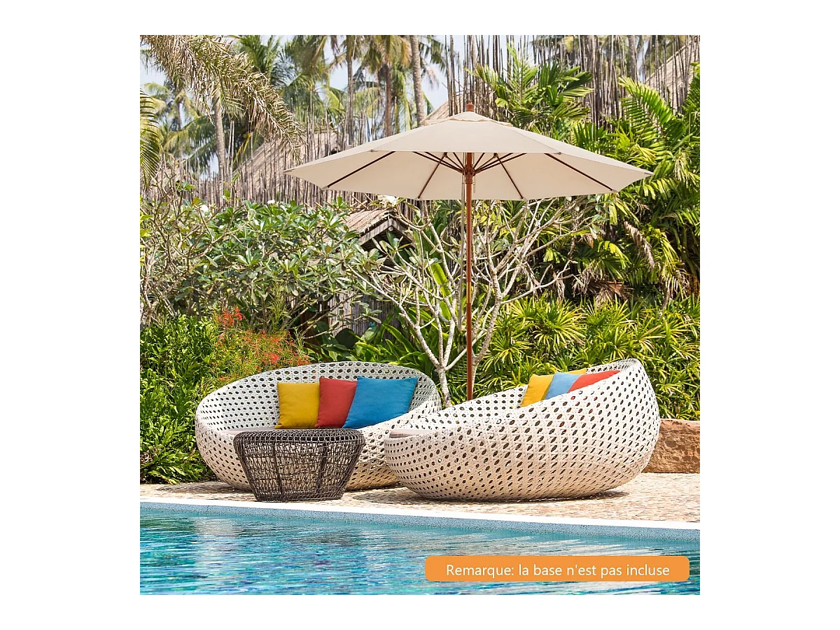 Parasol de Jardin Pliable 2,9M avec Mécanisme de Poulie à Corde Poteau en Bois 8 Baleines en Fibre de Verre pour Cour, Beige