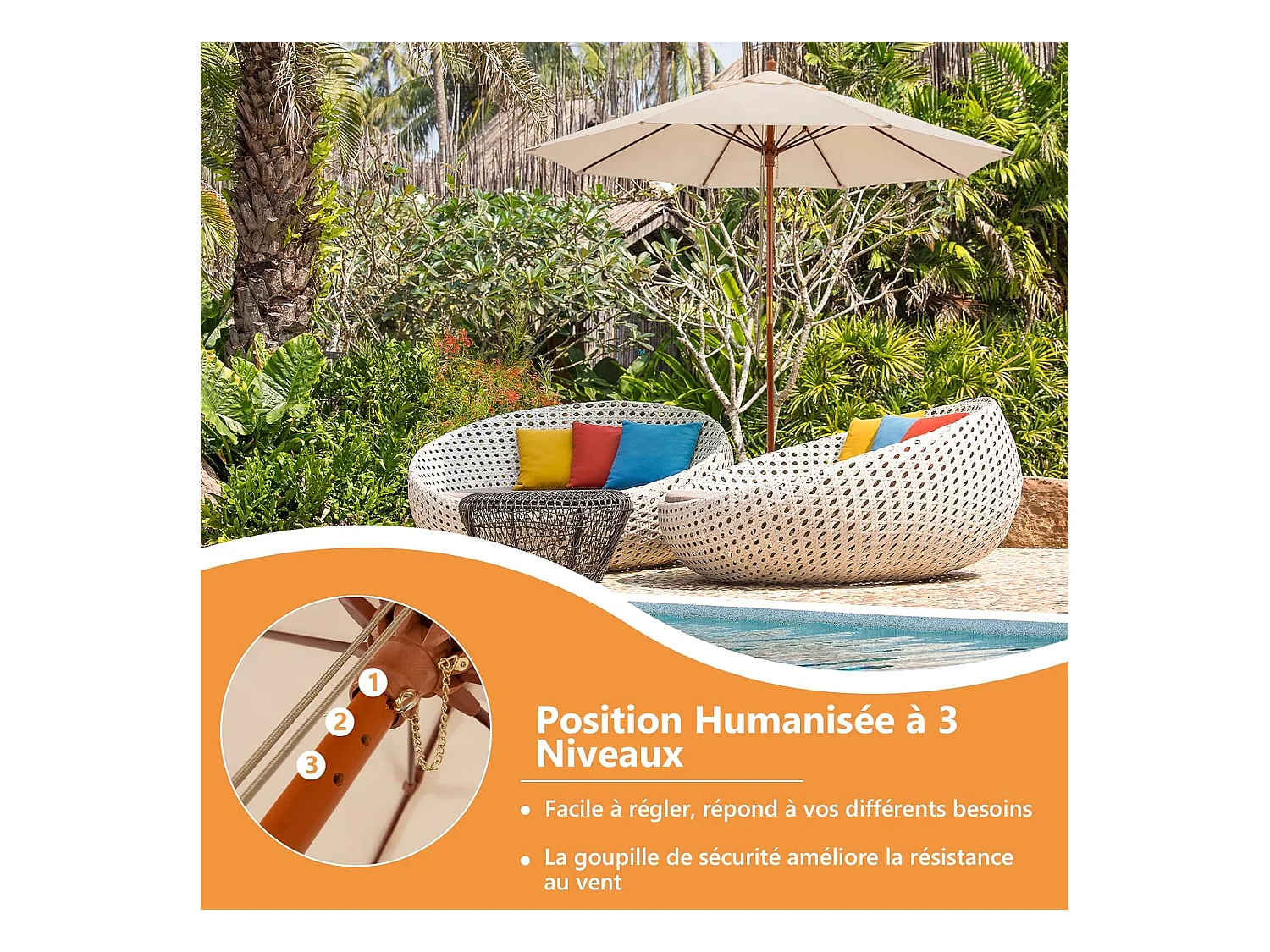 Parasol de Jardin Pliable 2,9M avec Mécanisme de Poulie à Corde Poteau en Bois 8 Baleines en Fibre de Verre pour Cour, Beige