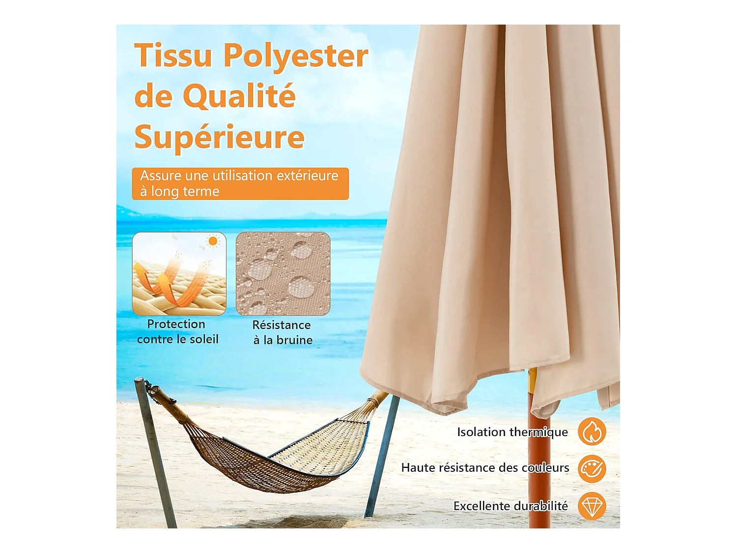 Parasol de Jardin Pliable 2,9M avec Mécanisme de Poulie à Corde Poteau en Bois 8 Baleines en Fibre de Verre pour Cour, Beige