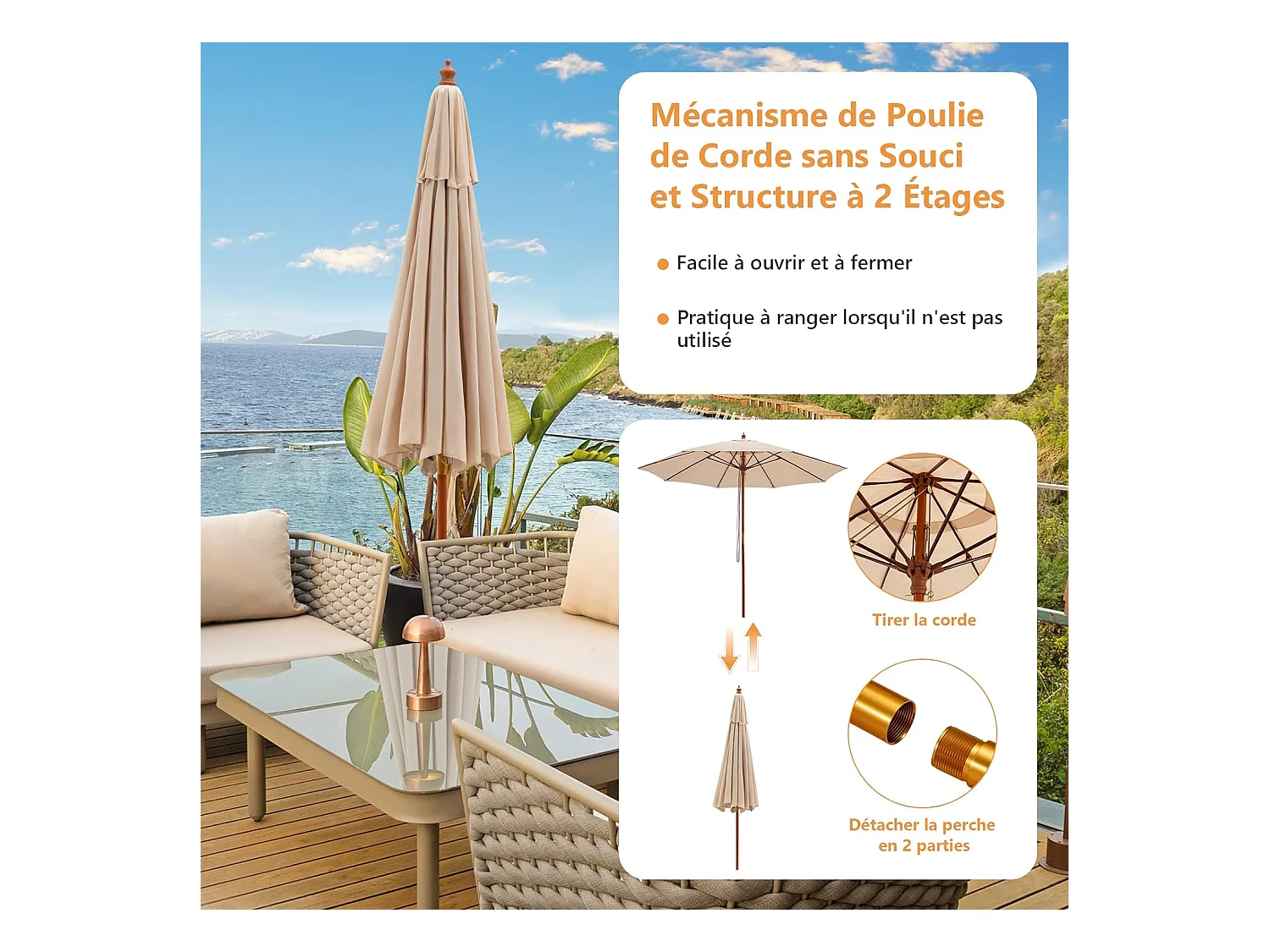 Parasol de Jardin Pliable 2,9M avec Mécanisme de Poulie à Corde Poteau en Bois 8 Baleines en Fibre de Verre pour Cour, Beige
