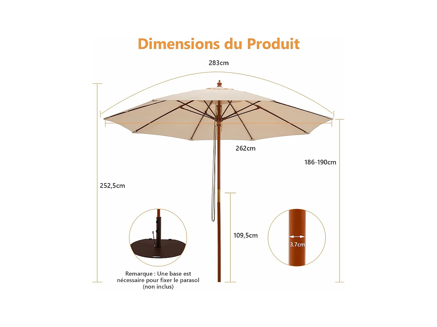 Parasol de Jardin Pliable 2,9M avec Mécanisme de Poulie à Corde Poteau en Bois 8 Baleines en Fibre de Verre pour Cour, Beige