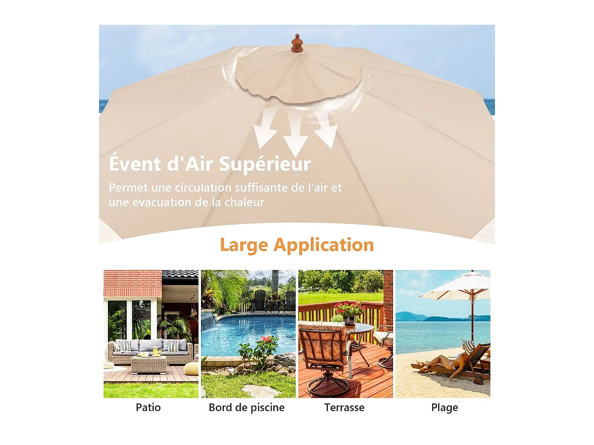 Parasol de Jardin Pliable 2,9M avec Mécanisme de Poulie à Corde Poteau en Bois 8 Baleines en Fibre de Verre pour Cour, Beige