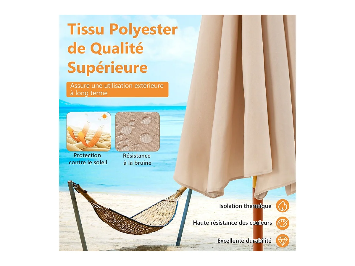 Parasol de Jardin Pliable 2,9M avec Mécanisme de Poulie à Corde Poteau en Bois 8 Baleines en Fibre de Verre pour Cour, Beige