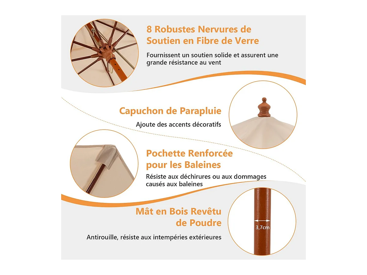Parasol de Jardin Pliable 2,9M avec Mécanisme de Poulie à Corde Poteau en Bois 8 Baleines en Fibre de Verre pour Cour, Beige