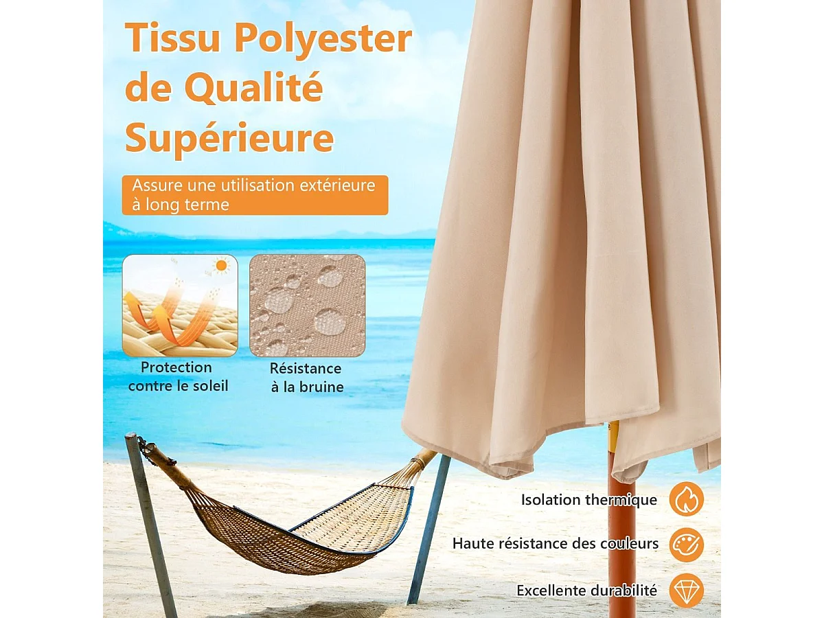Parasol de Jardin Pliable 2,9M avec Mécanisme de Poulie à Corde Poteau en Bois 8 Baleines en Fibre de Verre pour Cour, Beige