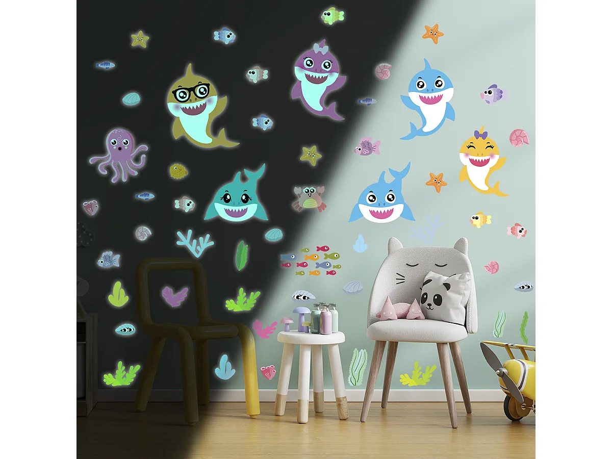 Sticker phosphorescent lumineux - ANIMAUX MARINS - Autocollant mural plafond enfant fluorescent - 135x100cm