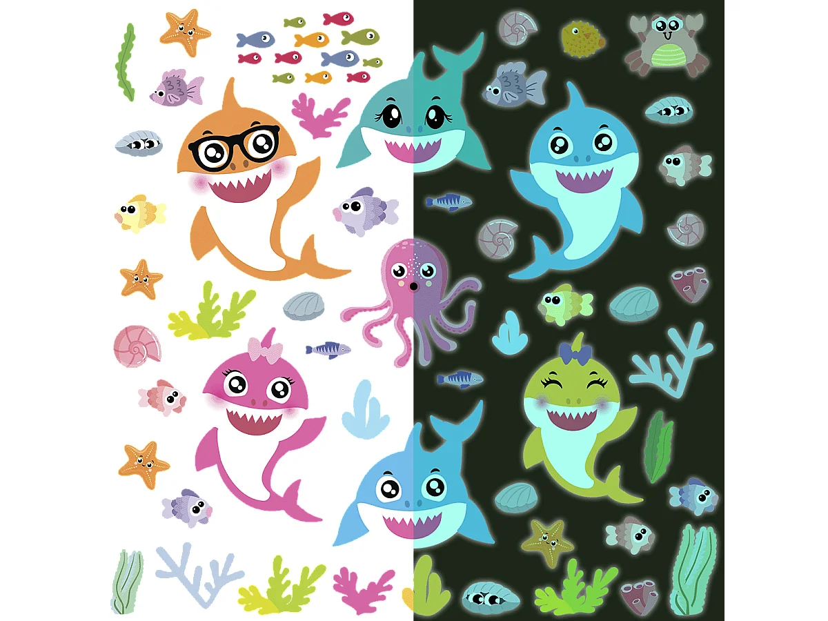 Sticker phosphorescent lumineux - ANIMAUX MARINS - Autocollant mural plafond enfant fluorescent - 135x100cm