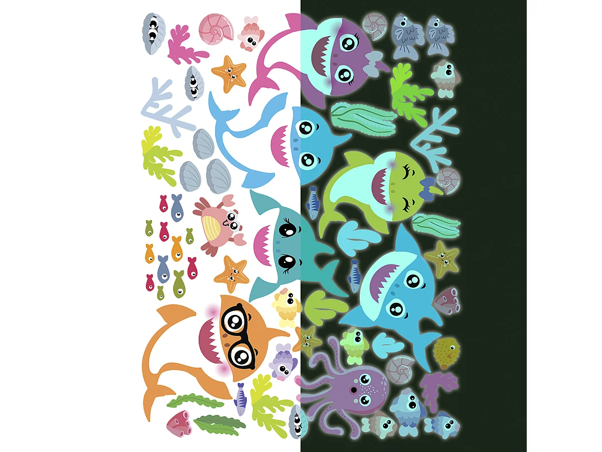 Sticker phosphorescent lumineux - ANIMAUX MARINS - Autocollant mural plafond enfant fluorescent - 135x100cm