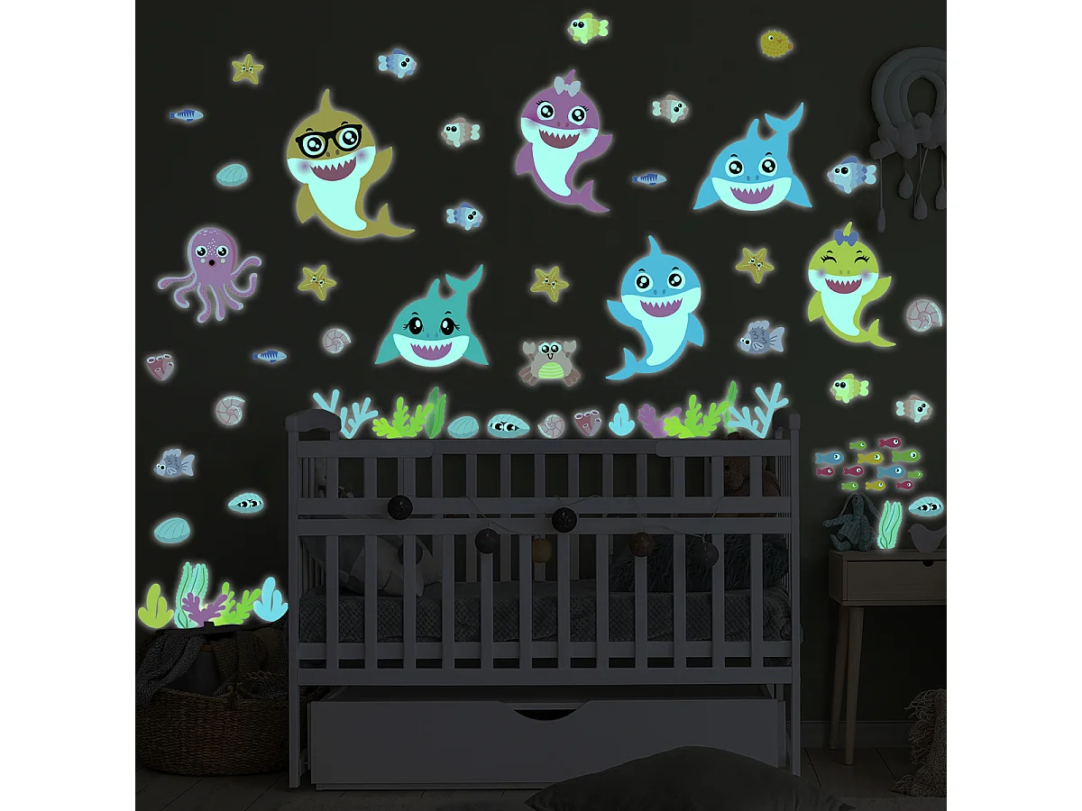 Sticker phosphorescent lumineux - ANIMAUX MARINS - Autocollant mural plafond enfant fluorescent - 135x100cm