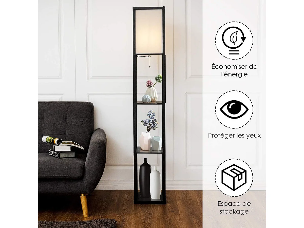 Lampadaire sur Pied Salon 160 cm (Ampoule non inclus) 220-240v,60w, Cadre en Bois avec Etagères d'Affichage Ouvertes de 3 Niveaux, Lampe de Plancher avec Abat-jour, Noir