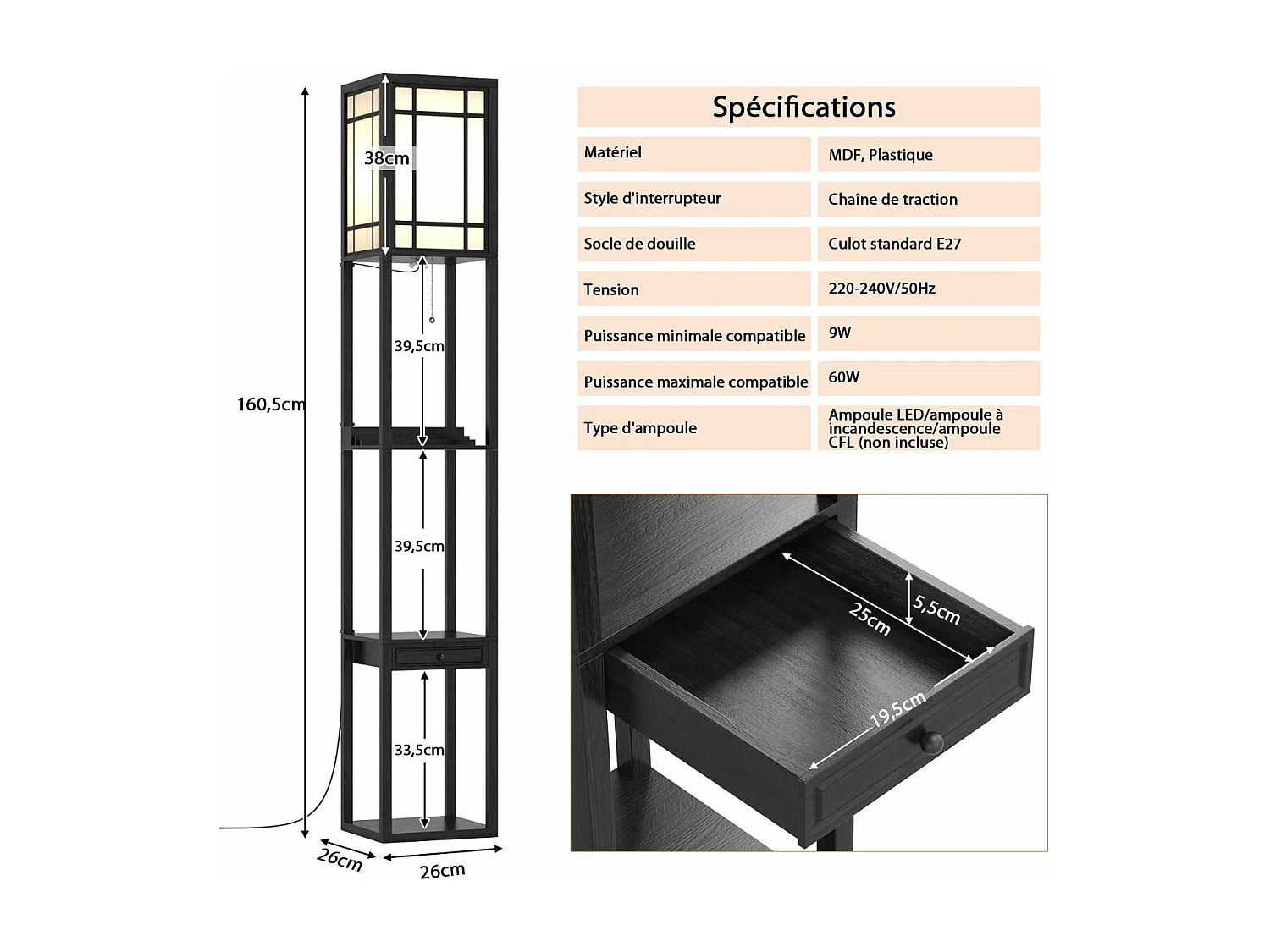 Lampadaire sur Pied Salon 160 cm (Ampoule non inclus) 220-240v,60w, Cadre en Bois avec Etagères d'Affichage Ouvertes de 3 Niveaux, Lampe de Plancher avec Abat-jour, Noir
