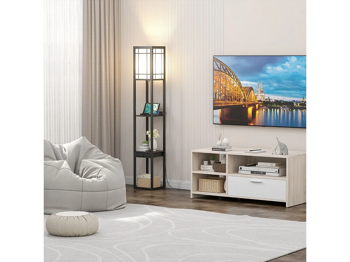 Lampadaire sur Pied Salon 160 cm (Ampoule non inclus) 220-240v,60w, Cadre en Bois avec Etagères d'Affichage Ouvertes de 3 Niveaux, Lampe de Plancher avec Abat-jour, Noir