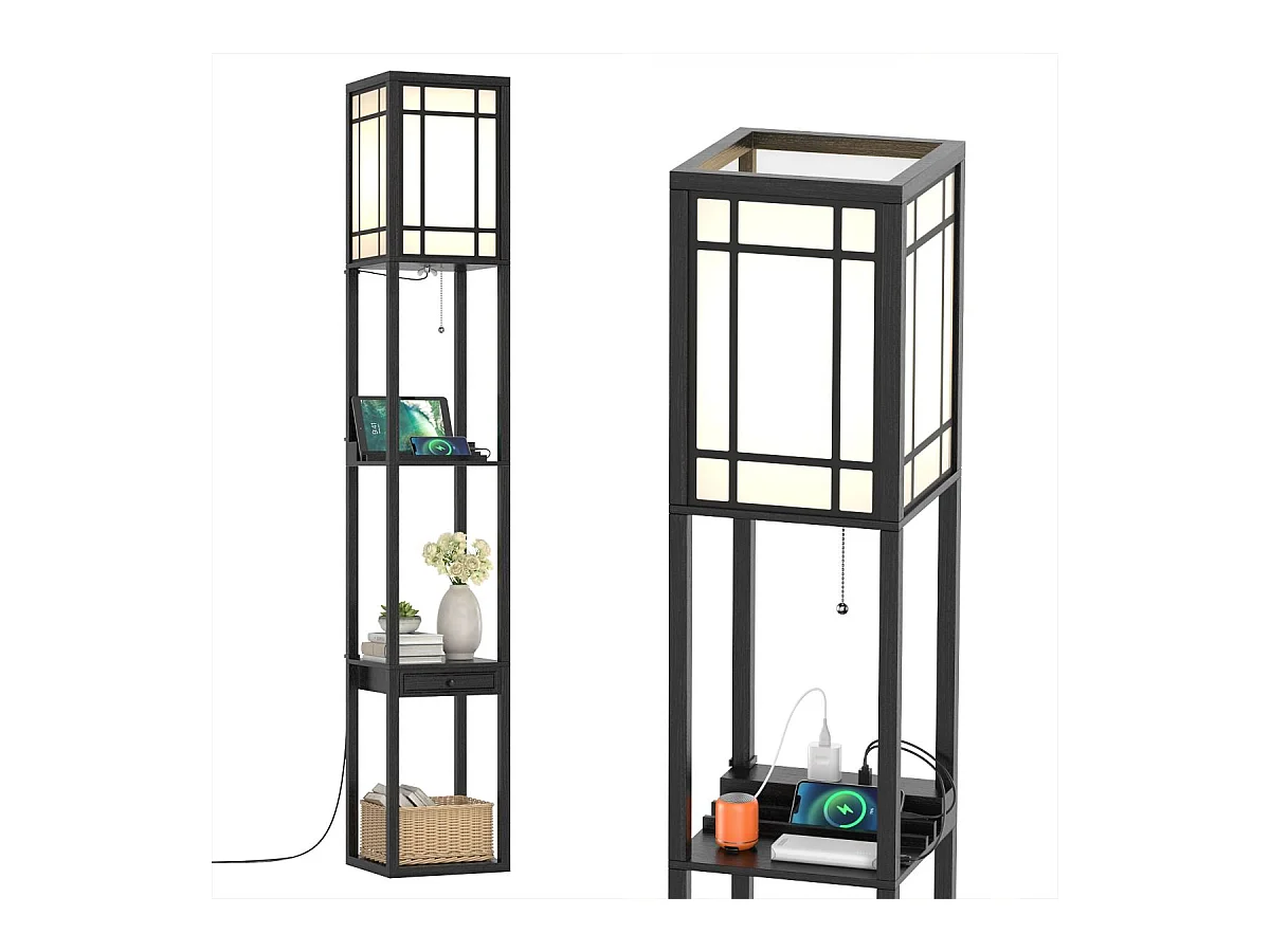 Lampadaire sur Pied Salon 160 cm (Ampoule non inclus) 220-240v,60w, Cadre en Bois avec Etagères d'Affichage Ouvertes de 3 Niveaux, Lampe de Plancher avec Abat-jour, Noir
