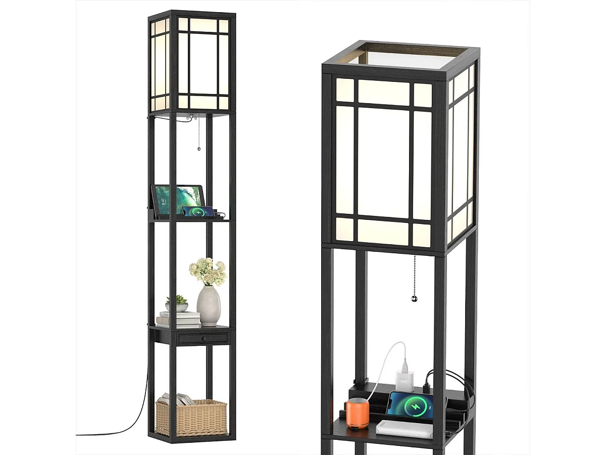 Lampadaire sur Pied Salon 160 cm (Ampoule non inclus) 220-240v,60w, Cadre en Bois avec Etagères d'Affichage Ouvertes de 3 Niveaux, Lampe de Plancher avec Abat-jour, Noir