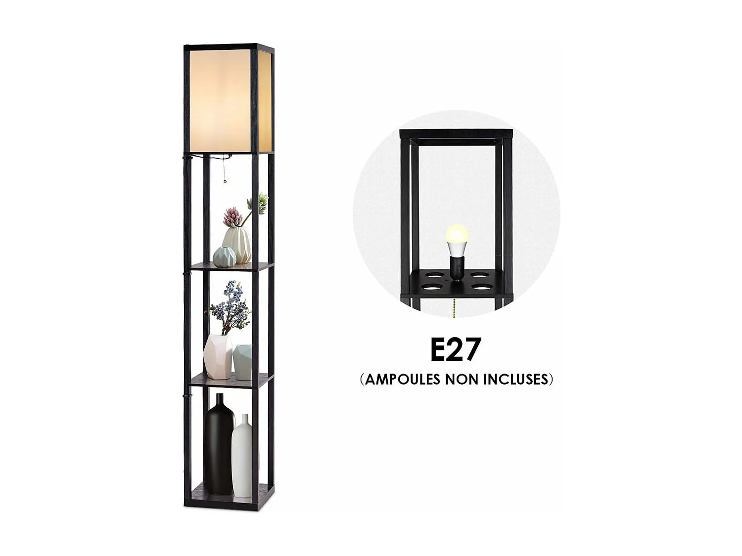 Lampadaire sur Pied Salon 160 cm (Ampoule non inclus) 220-240v,60w, Cadre en Bois avec Etagères d'Affichage Ouvertes de 3 Niveaux, Lampe de Plancher avec Abat-jour, Noir