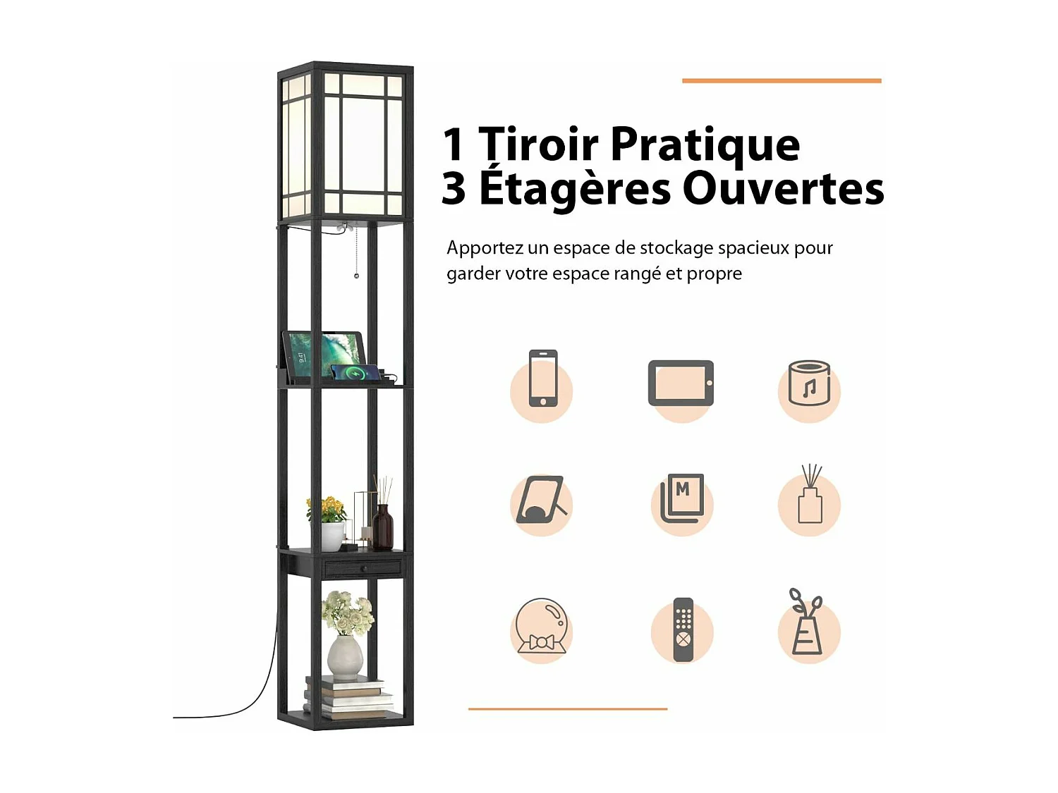 Lampadaire sur Pied Salon 160 cm (Ampoule non inclus) 220-240v,60w, Cadre en Bois avec Etagères d'Affichage Ouvertes de 3 Niveaux, Lampe de Plancher avec Abat-jour, Noir