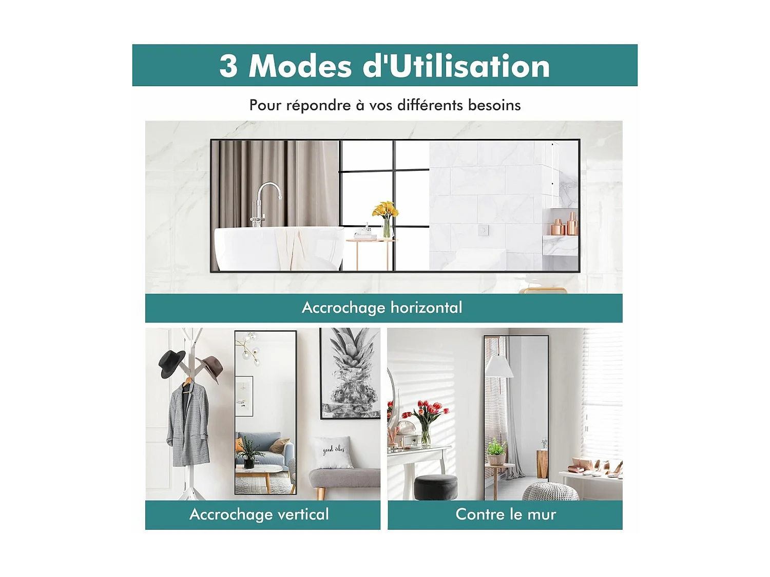 Miroir Mural avec cadre aluminium 150x4x56cm, HD Miroir en verre antidéflagrant, Miroir en Pleine Longueur pour Installation Horizontale ou Verticale, pour salle de bain, chambre, salon (Noir)