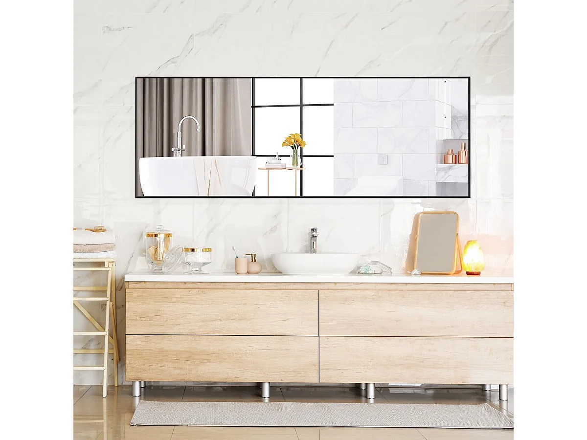 Miroir Mural avec cadre aluminium 150x4x56cm, HD Miroir en verre antidéflagrant, Miroir en Pleine Longueur pour Installation Horizontale ou Verticale, pour salle de bain, chambre, salon (Noir)
