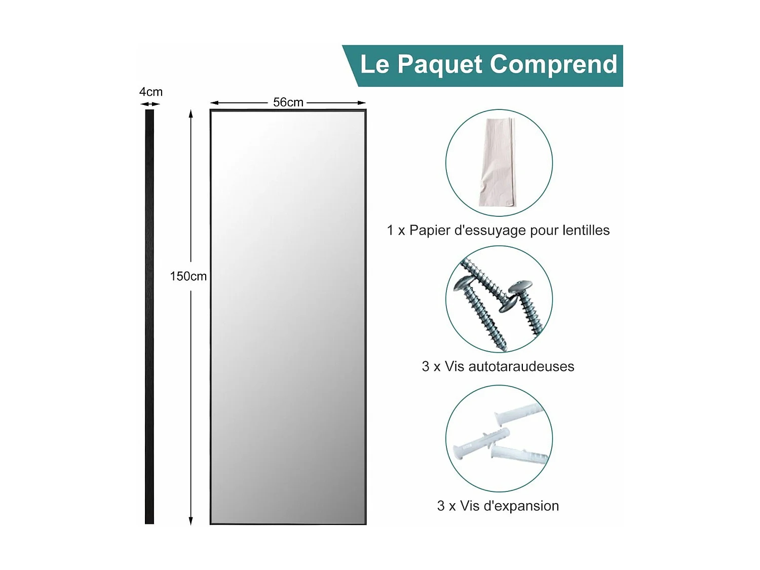 Miroir Mural avec cadre aluminium 150x4x56cm, HD Miroir en verre antidéflagrant, Miroir en Pleine Longueur pour Installation Horizontale ou Verticale, pour salle de bain, chambre, salon (Noir)