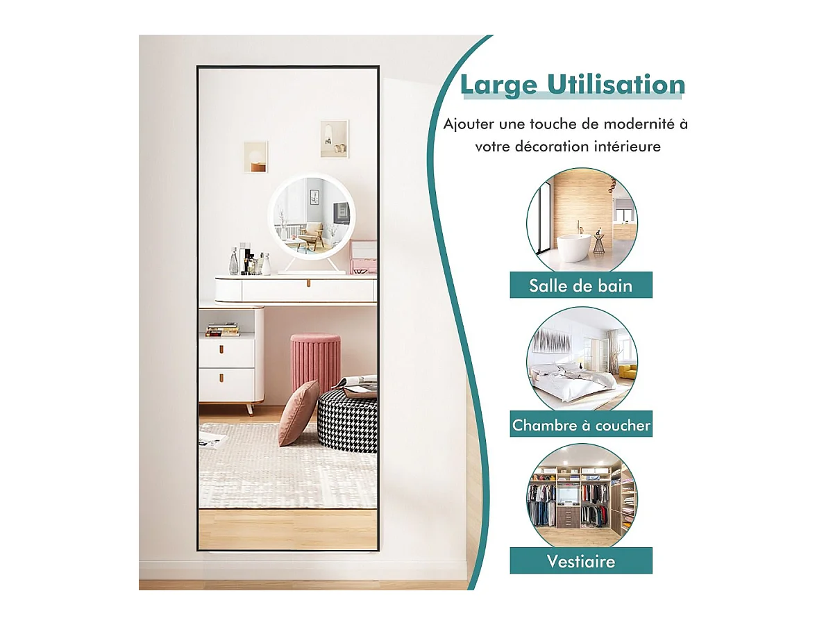 Miroir Mural avec cadre aluminium 150x4x56cm, HD Miroir en verre antidéflagrant, Miroir en Pleine Longueur pour Installation Horizontale ou Verticale, pour salle de bain, chambre, salon (Noir)