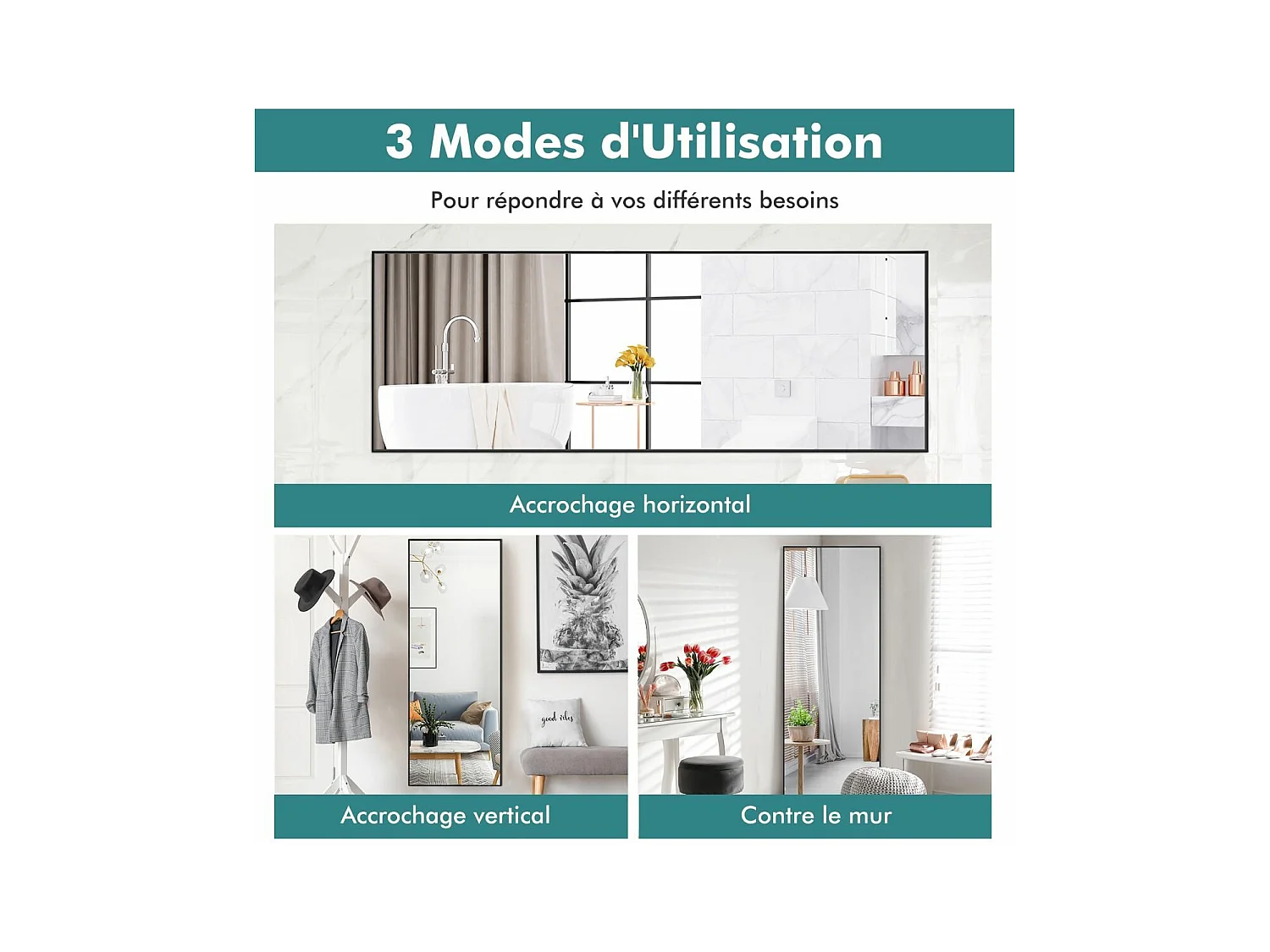Miroir Mural avec cadre aluminium 150x4x56cm, HD Miroir en verre antidéflagrant, Miroir en Pleine Longueur pour Installation Horizontale ou Verticale, pour salle de bain, chambre, salon (Noir)