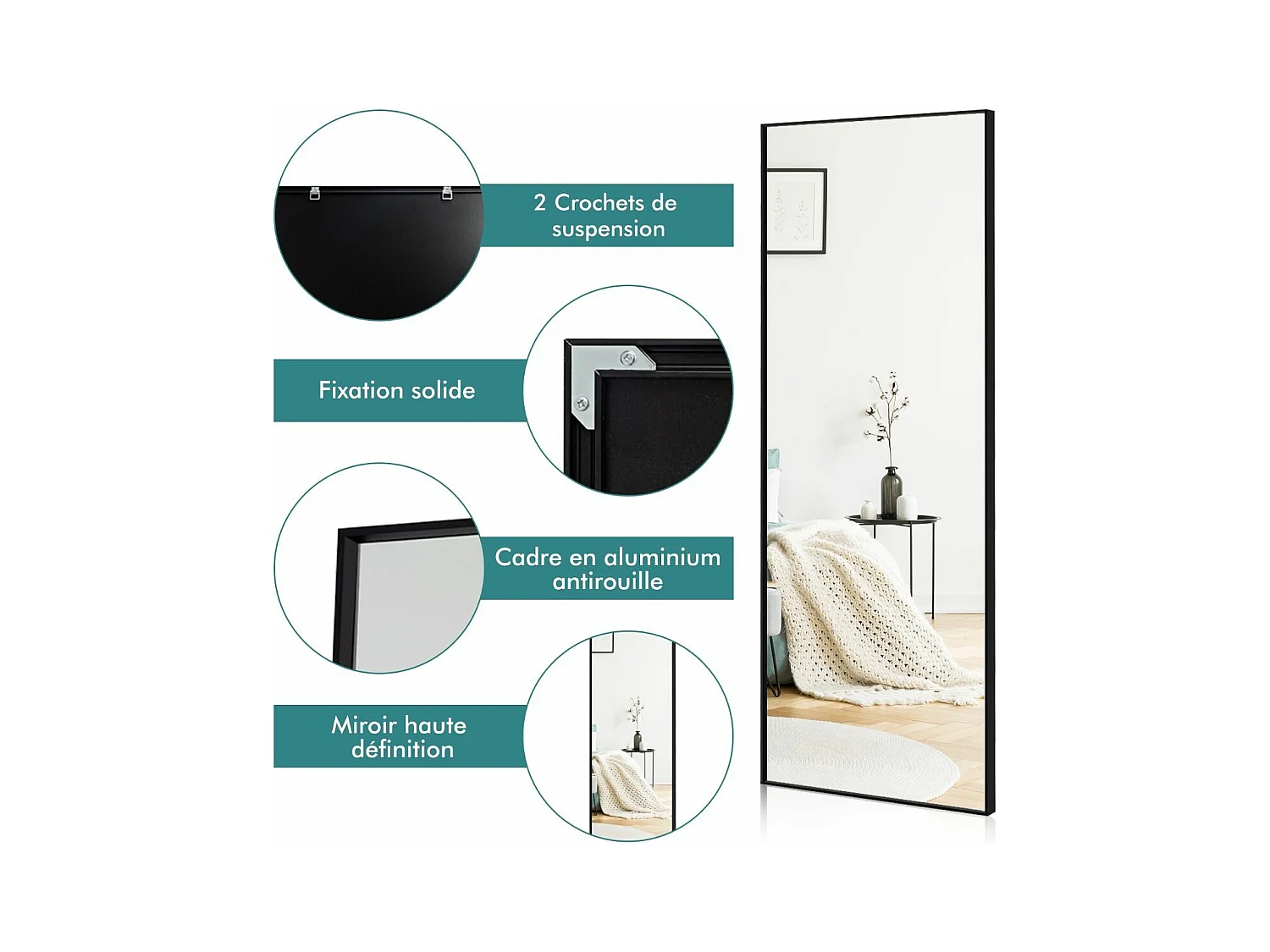 Miroir Mural avec cadre aluminium 150x4x56cm, HD Miroir en verre antidéflagrant, Miroir en Pleine Longueur pour Installation Horizontale ou Verticale, pour salle de bain, chambre, salon (Noir)