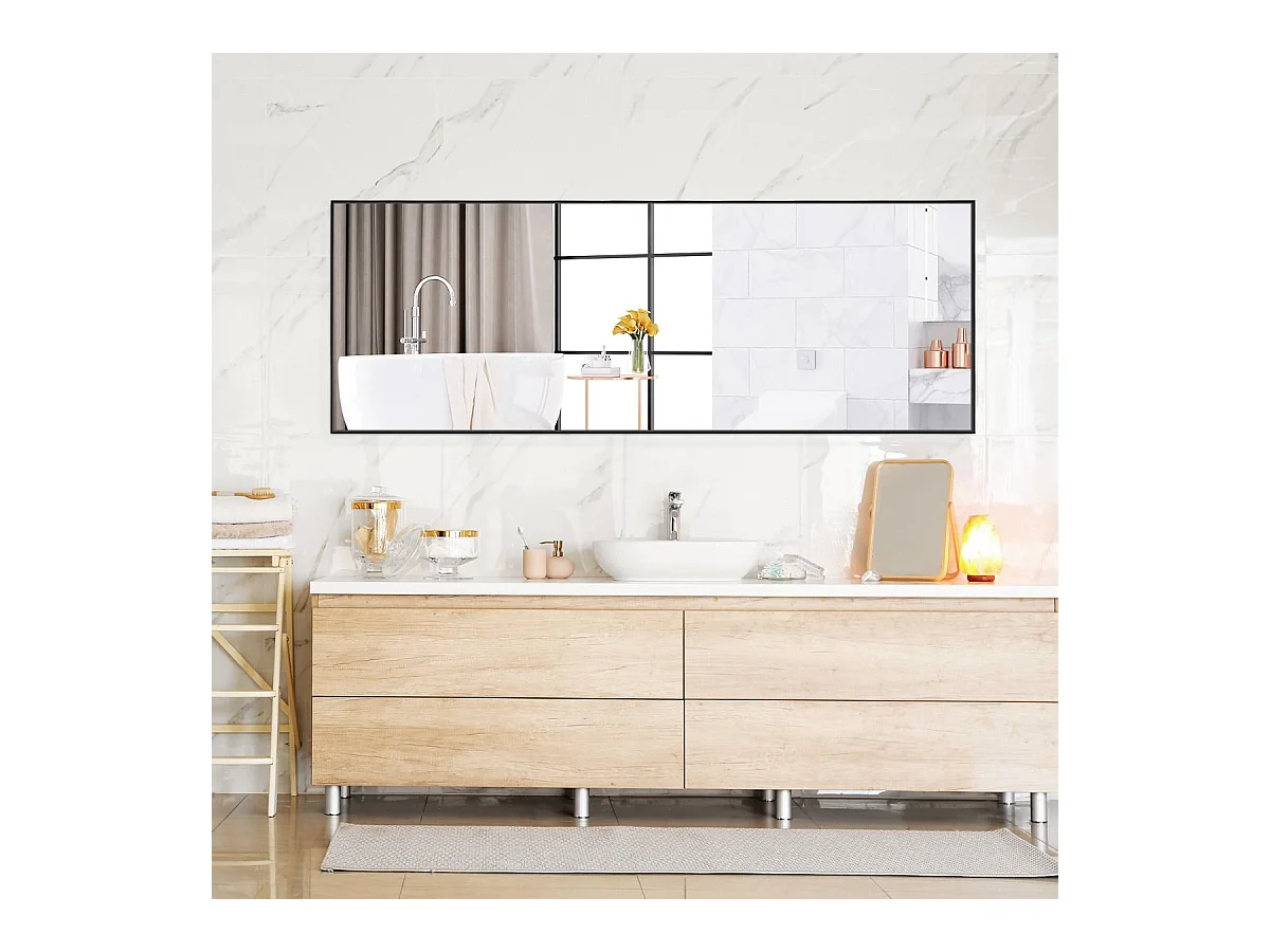 Miroir Mural avec cadre aluminium 150x4x56cm, HD Miroir en verre antidéflagrant, Miroir en Pleine Longueur pour Installation Horizontale ou Verticale, pour salle de bain, chambre, salon (Noir)
