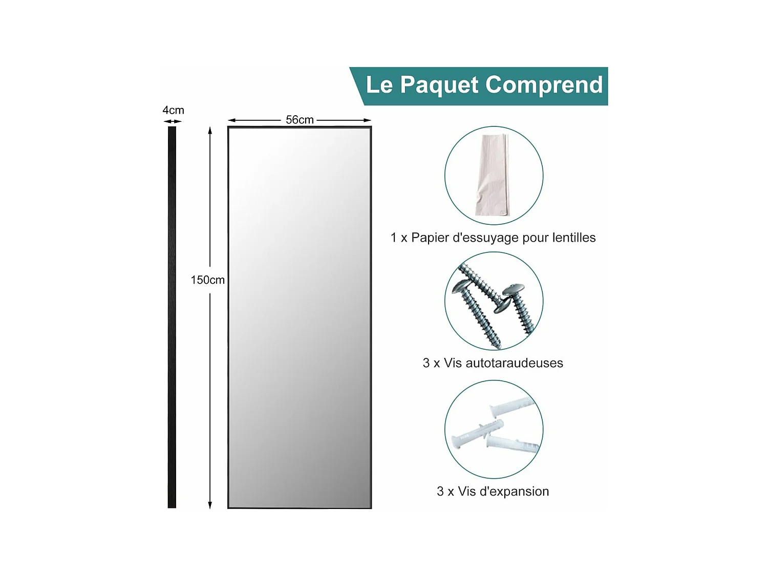 Miroir Mural avec cadre aluminium 150x4x56cm, HD Miroir en verre antidéflagrant, Miroir en Pleine Longueur pour Installation Horizontale ou Verticale, pour salle de bain, chambre, salon (Noir)