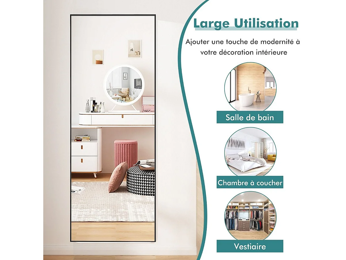 Miroir Mural avec cadre aluminium 150x4x56cm, HD Miroir en verre antidéflagrant, Miroir en Pleine Longueur pour Installation Horizontale ou Verticale, pour salle de bain, chambre, salon (Noir)
