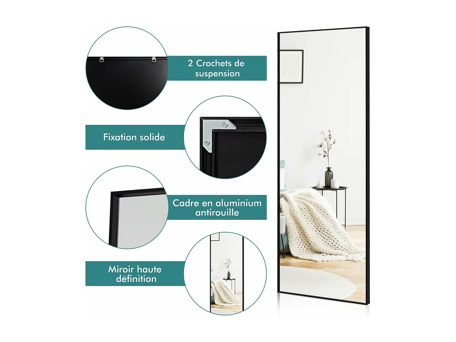 Miroir Mural avec cadre aluminium 150x4x56cm, HD Miroir en verre antidéflagrant, Miroir en Pleine Longueur pour Installation Horizontale ou Verticale, pour salle de bain, chambre, salon (Noir)