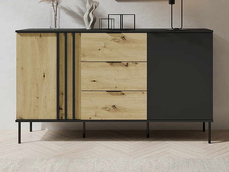 Komoda z 2 parami drzwi i 3 szufladami – Czarny i naturalny – TUNALO