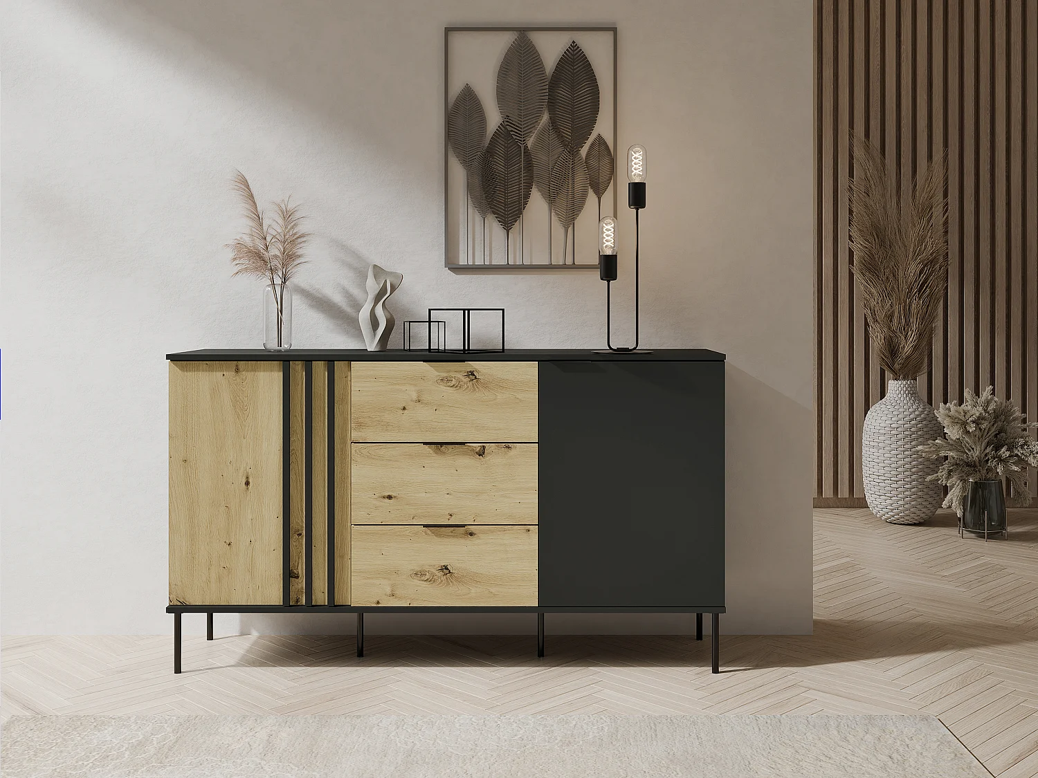 Sideboard mit 2 Türen & 3 Schubladen - Weiß & Holzfarben - TUNALO